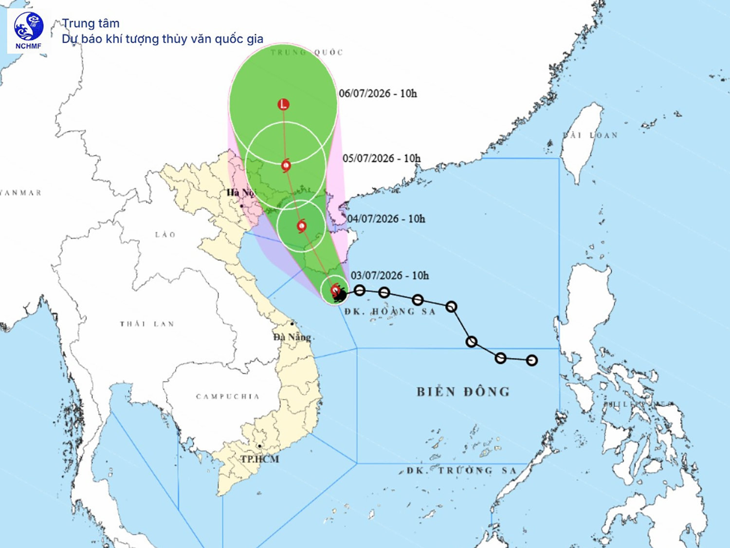 Dự báo quỹ đạo của bão số 1 lúc 11h ngày 3_7_2026. Nguồn NCHMF
