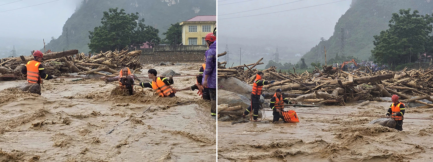 Nhiều người mắc kẹt giữa dòng lũ. Công an tỉnh Lai Châu đã huy động hơn 200 chiến sĩ tới giải cứu, hỗ trợ sơ tán dân. Đến trưa nay, cảnh sát đã cứu 10 người. Ảnh_Công an tỉnh Lai Châu_ghep