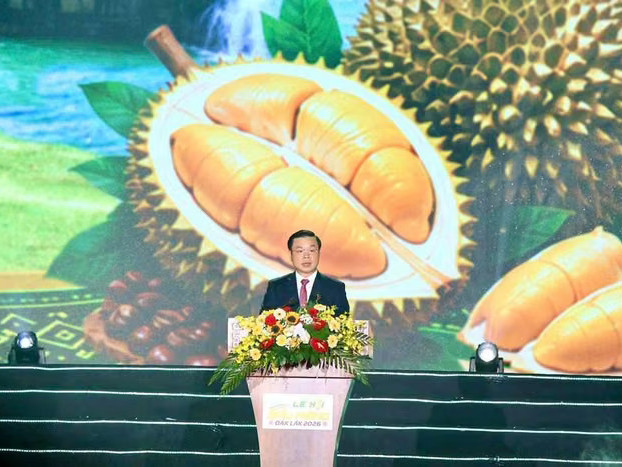 Chủ tịch UBND tỉnh Đắk Lắk Đỗ Hữu Huy phát biểu khai mạc Lễ hội Sầu riêng năm 2026
