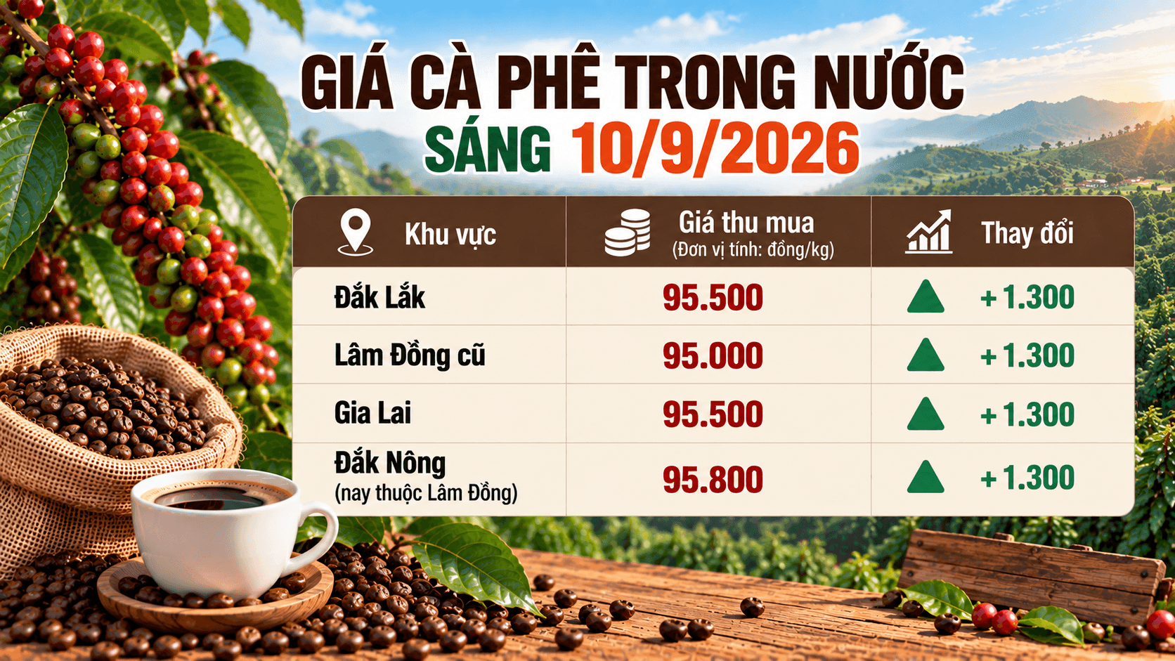 Thị trường cà phê nội địa sáng 10/9 tăng 1.300 đồng/kg.