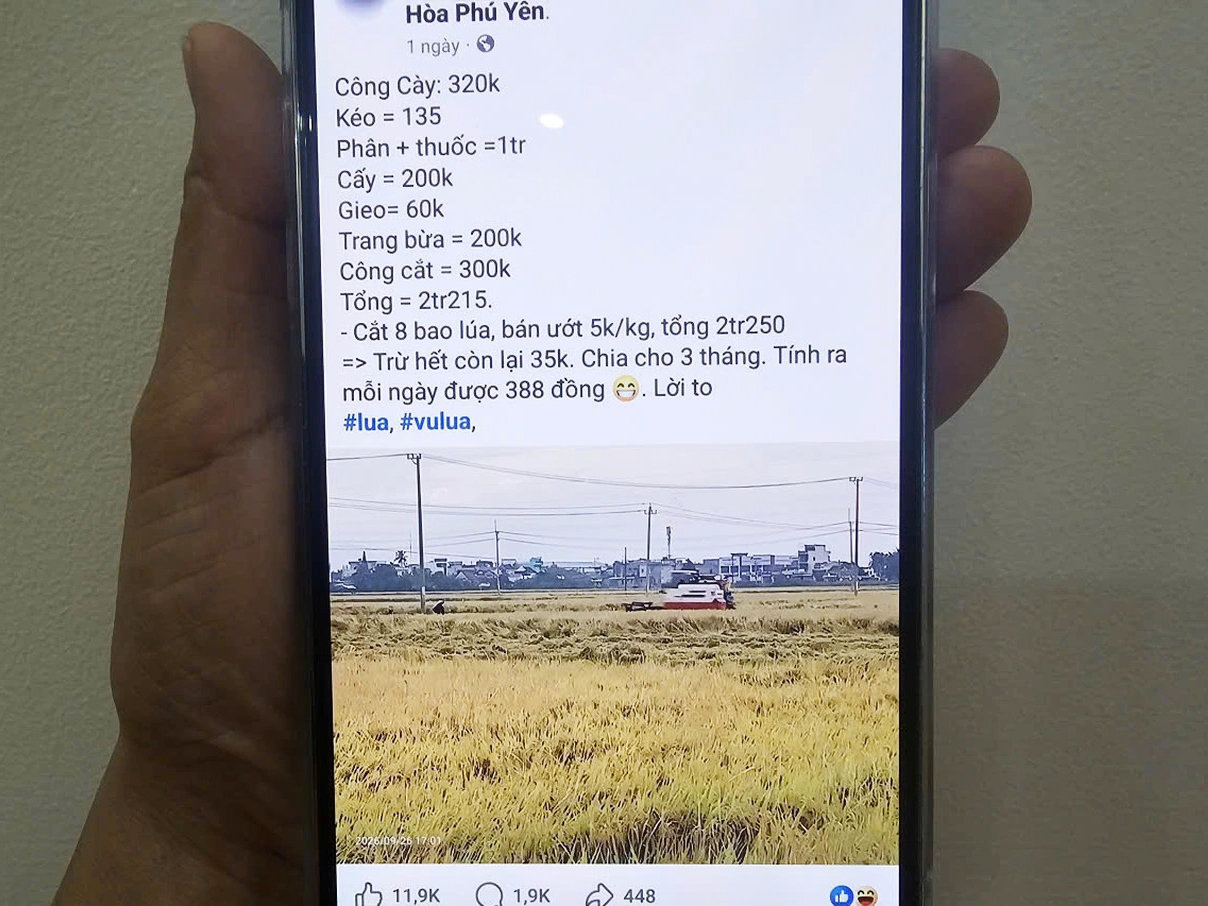 Chia sẻ của anh Dực trên mạng xã hội, những con số hạch toán khiến người đọc phải lặng người: lãi 35.000 đồng/2ha lúa: Giữ ruộng mà đau… Ảnh chụp màn hình