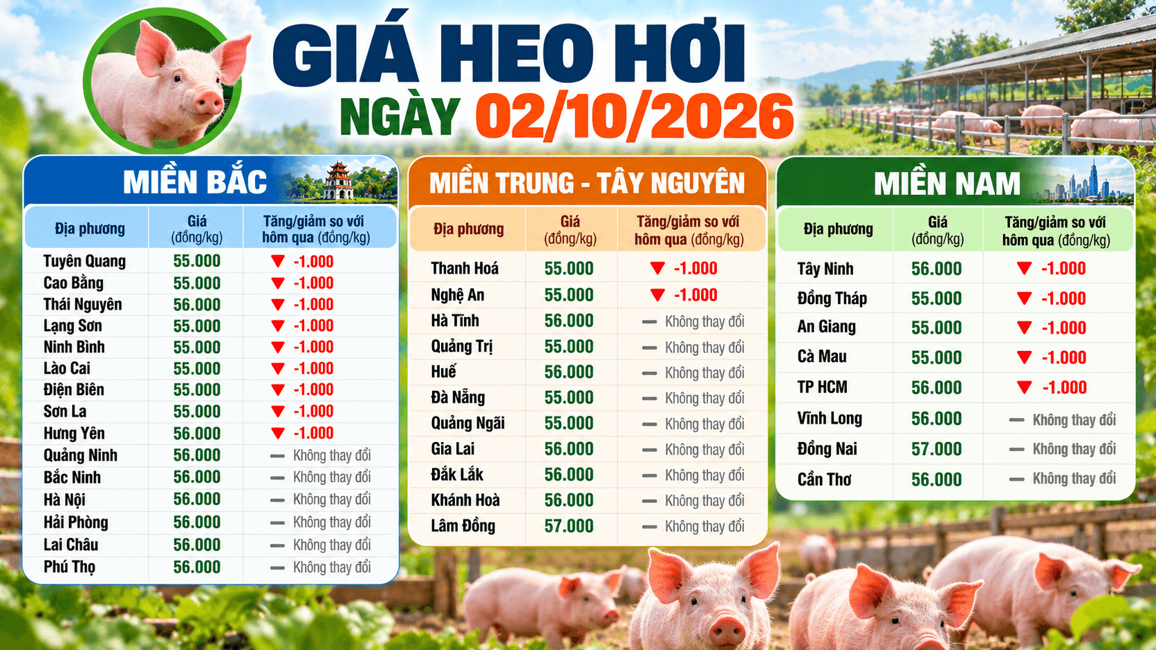 Bảng giá heo hơi cả nước sáng 02/10/2026.