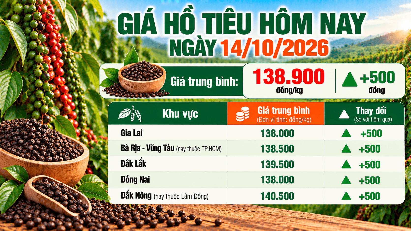 Giá hồ tiêu tăng nhẹ.