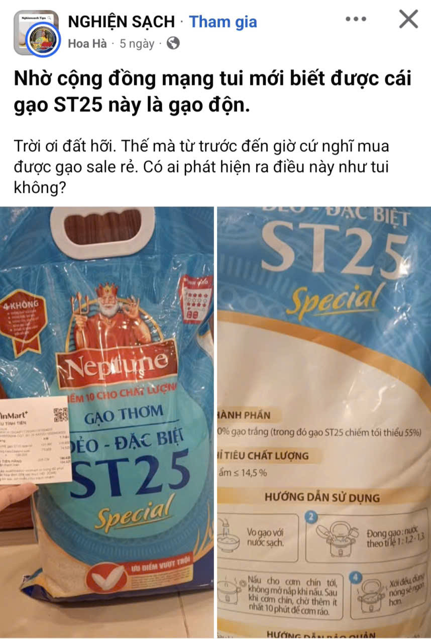 Nhiều người tiêu dùng cho rằng cứ gạo ST25 là mặc định 100% thành phần phải là ST25 nên việc ghi thành phần tối thiểu 55% ST25 trên bao bì gây tranh cãi (hình ảnh được người mua chia sẻ trên mạng xã hội)