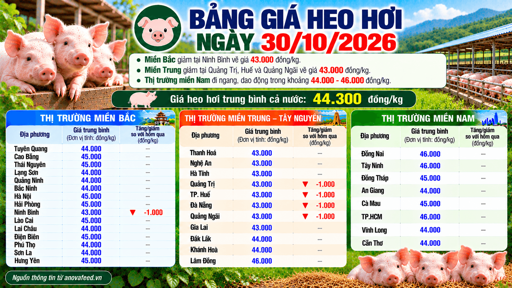 Giá heo hơi ngày 30/10 dao động 43.000-46.000 đồng/kg